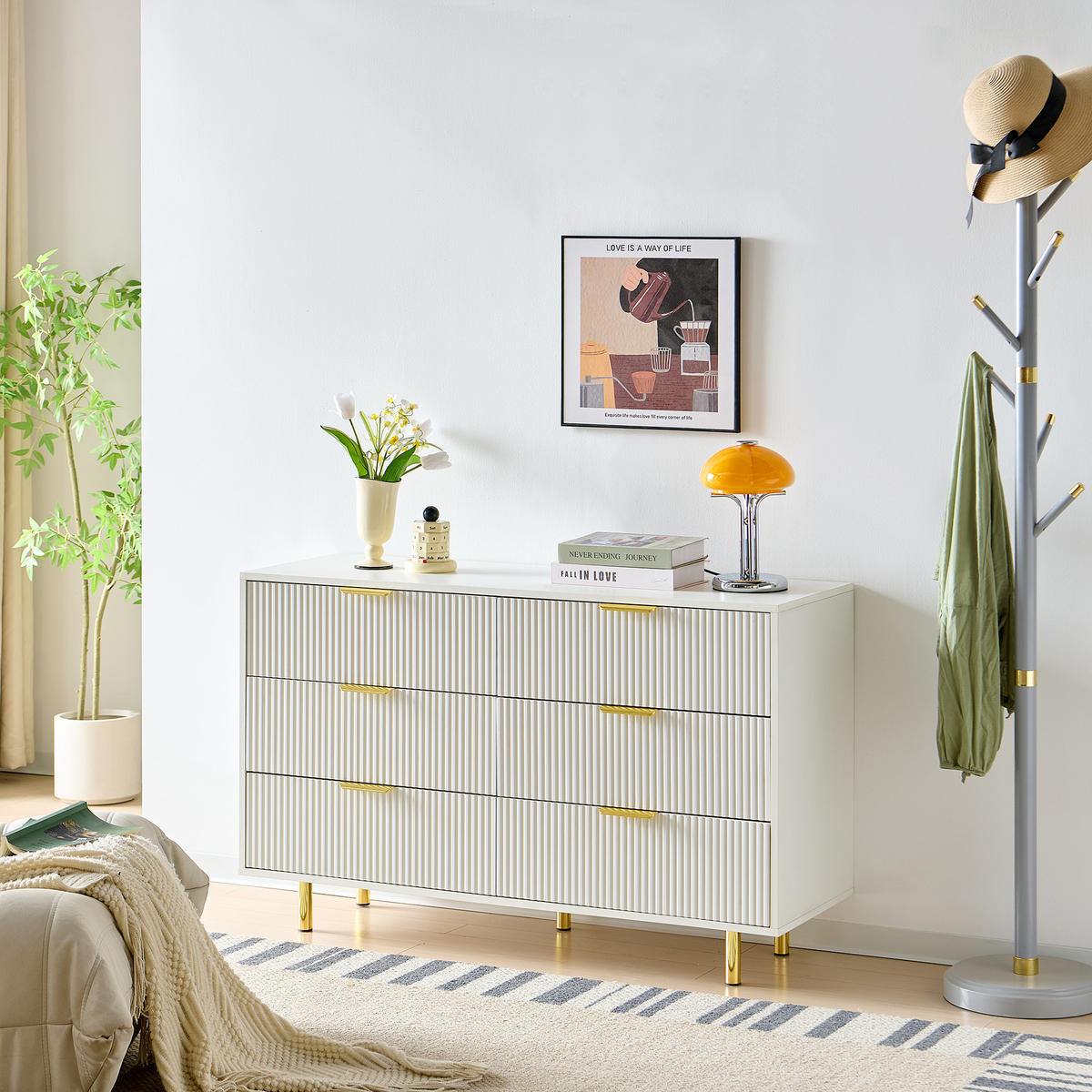 KOMMODEN-SIDEBOARD 120/40/72 cm mit 6 Schubladen in Weiß mit goldfarbenen Details - Weiß, Holzwerkstoff (120/72/40cm) - BEAOK