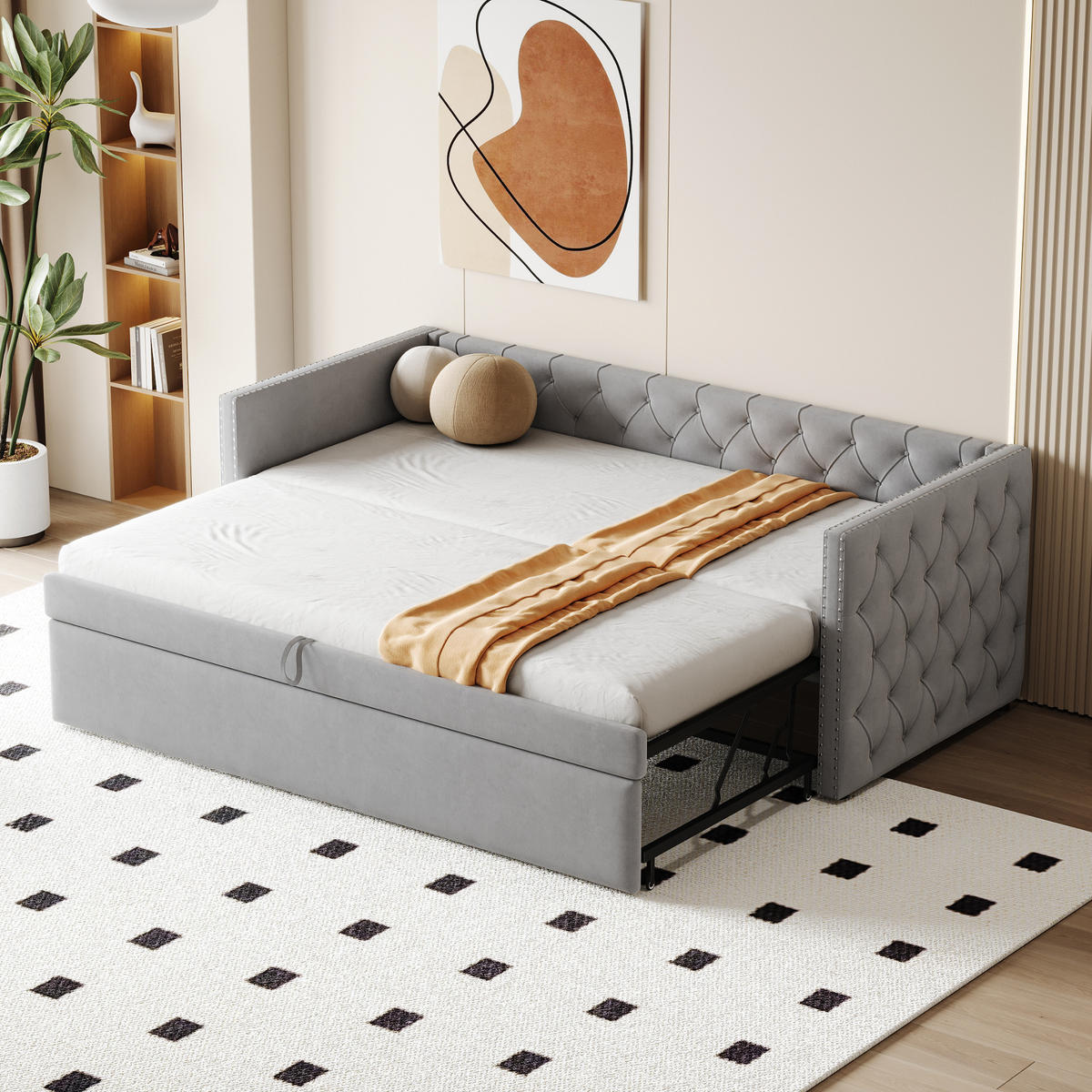 AUSZIEHBETT 90/200 cm DE-01636, in Hellgrau, mit Lattenrost - Hellgrau, Metall (90/200cm) - ComfortXL