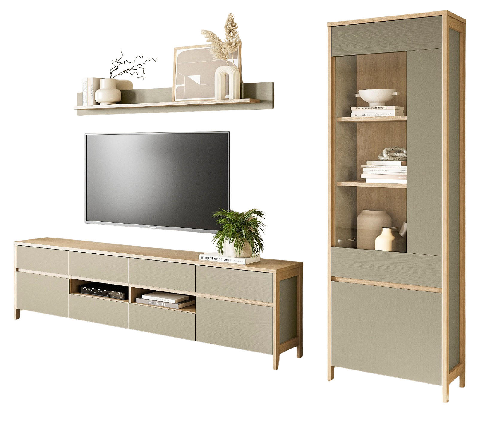 WOHNWAND Salbei grün, Eiche skandinavisch, Wohnkombination 3-teilig 266 cm mit Soft-Close - Salbeigrün/Eichefarben, Holzwerkstoff/Metall (266/195/39cm) - Furn.Design