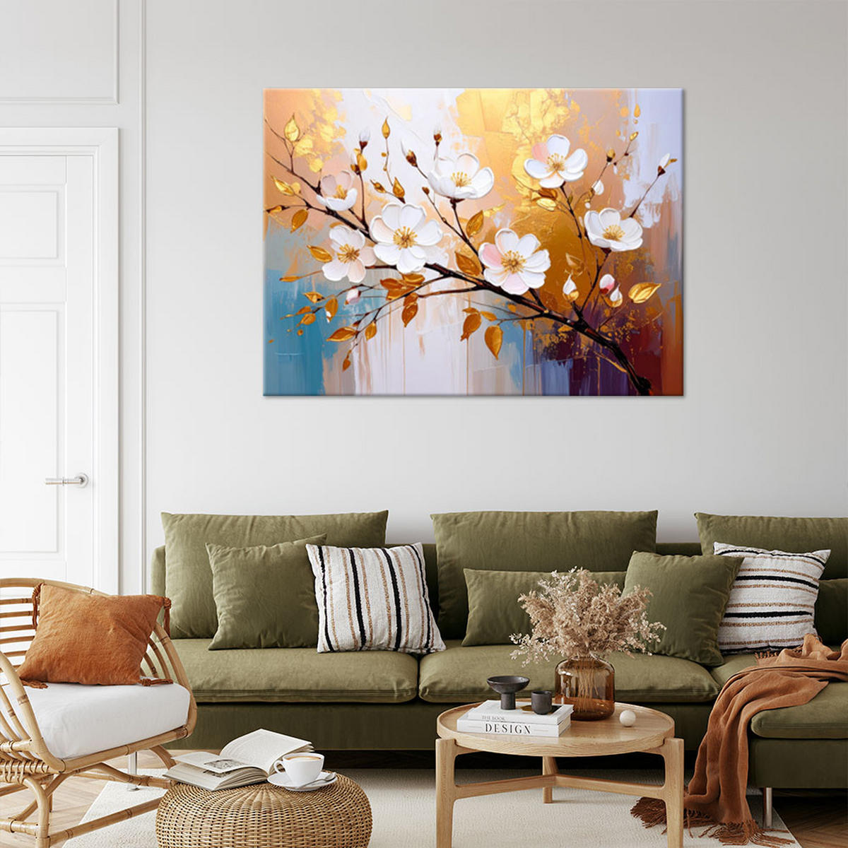 LEINWANDBILD Blumen Zweige Glamour Gold 120x80cm - Beige, Textil (120/80cm) - Feeby