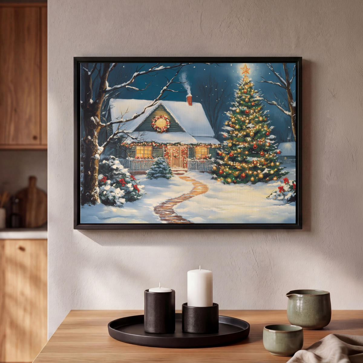 LEINWAND Bilder mit Rahmen - Weihnachten - Weihnachtsbaum - Winter - Zuhause - Schnee - 40x30 - Smaragdgrün, Textil (40/30cm) - MuchoWow
