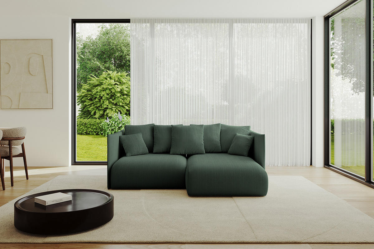 ECKSOFA mit Schlaffunktion und Bettkasten ONESK-L 208x165x40 Grün Cord - Grün, Holzwerkstoff/Kunststoff (208/165cm) - ALTDECOR