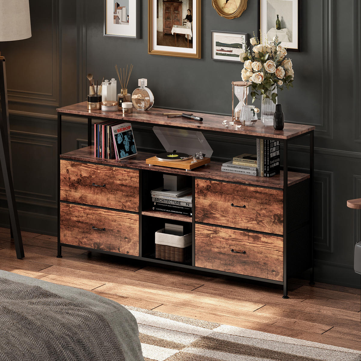 TV-SCHRANK mit Retro-Holzoptik, LED-Licht & 4 Stoffschubladen - Braun, Holzwerkstoff (29.8/76.8/108cm) - SHOPENTRA