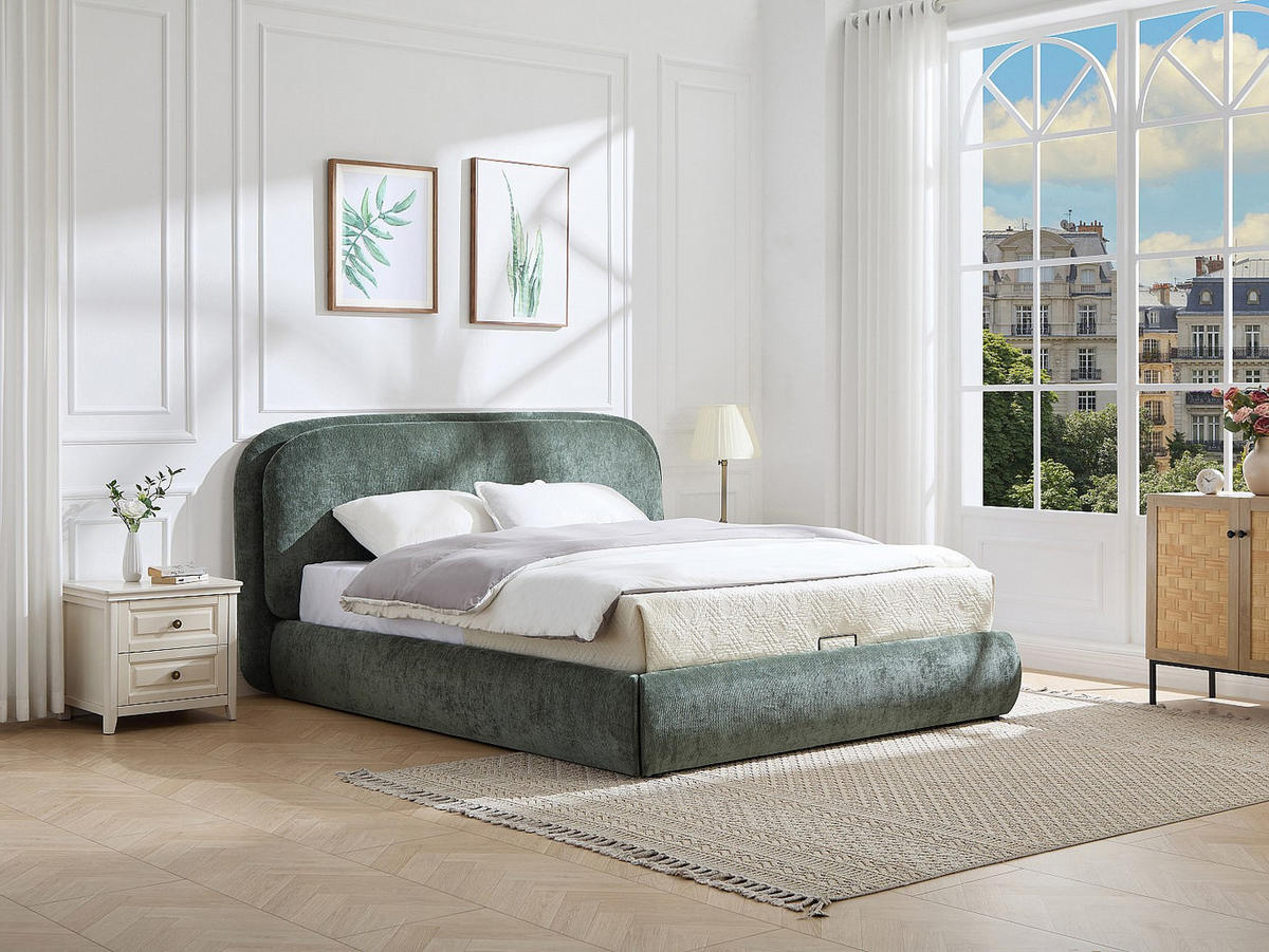 BETT mit Bettkasten - 2 Personen - Stoff - Grün - - Grün, Textil (160/200cm) - Vente-Unique