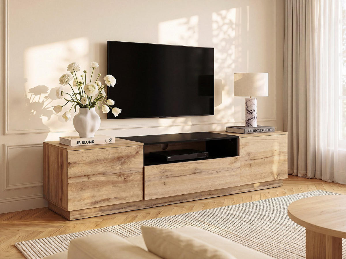 TV-BOARD - 180 cm x 40 cm - Holz, Platte - Schwarz, Naturfarben Hell CEMILINA - Hellbraun, Holz (180/45/40cm) - Vente-Unique