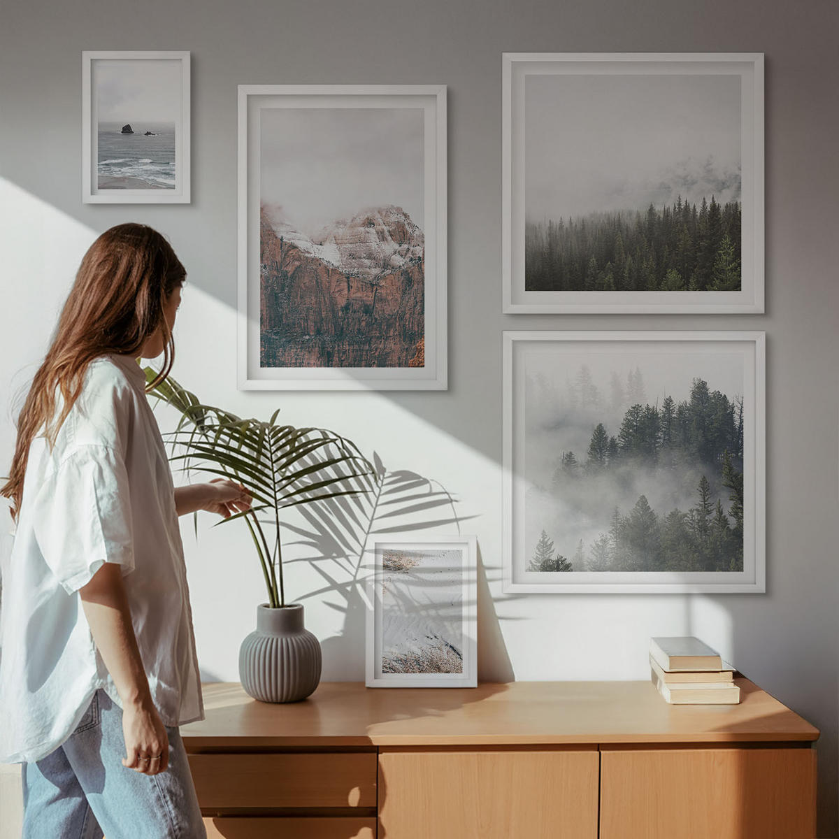WANDBILDER 5er-Set - 50x50 cm & 20x30 cm & 40x60 cm Weißer Rahmen - Abstrakte Wellen, graue Pastellfarben - Weiß, Kunststoff (40/60cm) - ArtPrintCave