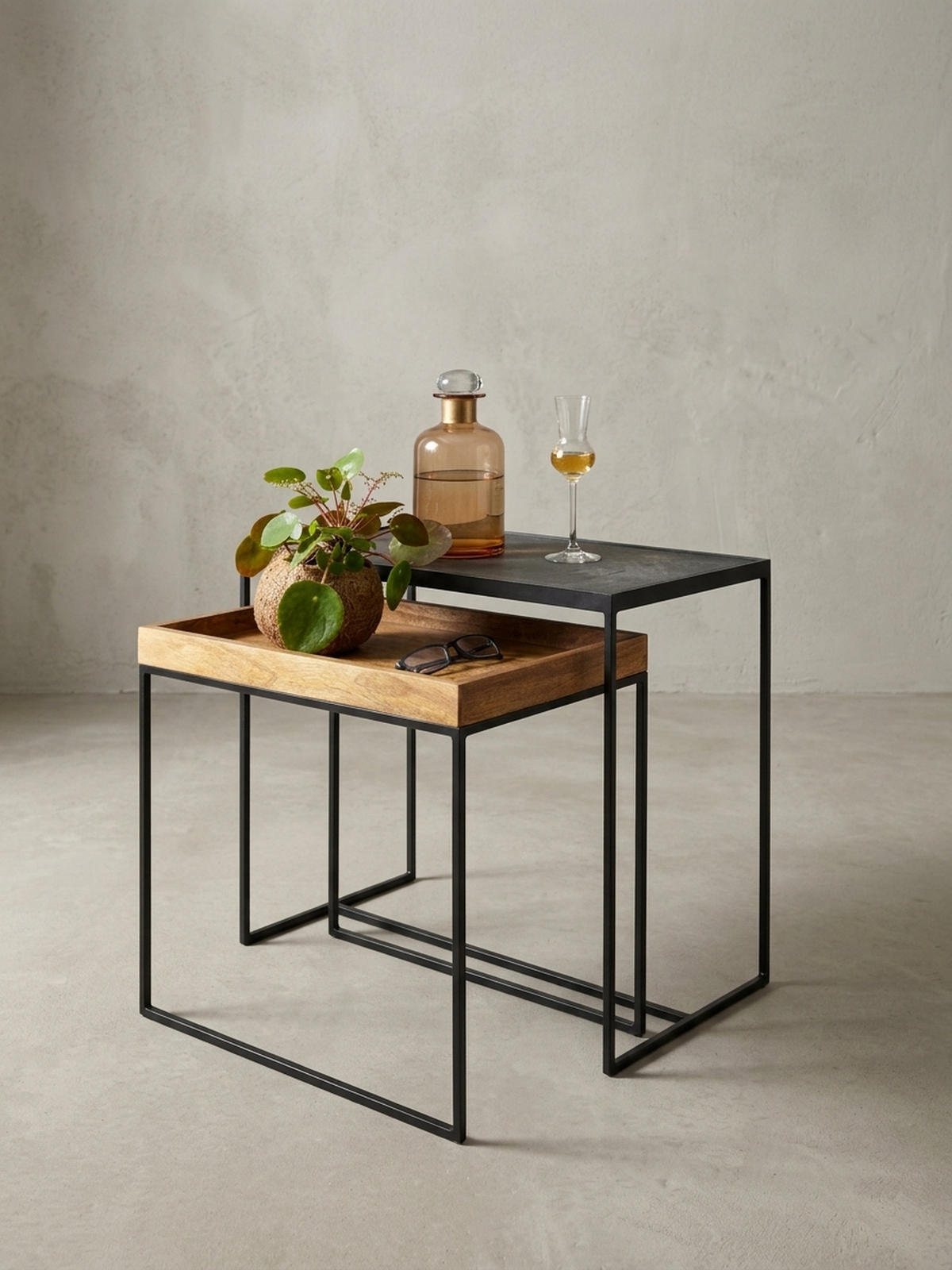 BEISTELLTISCH Set – Mango Massivholz Eisen Anthrazit Braun Industrial - Schwarz/Braun, Holz/Metall (30/60/50cm) - KADIMA DESIGN