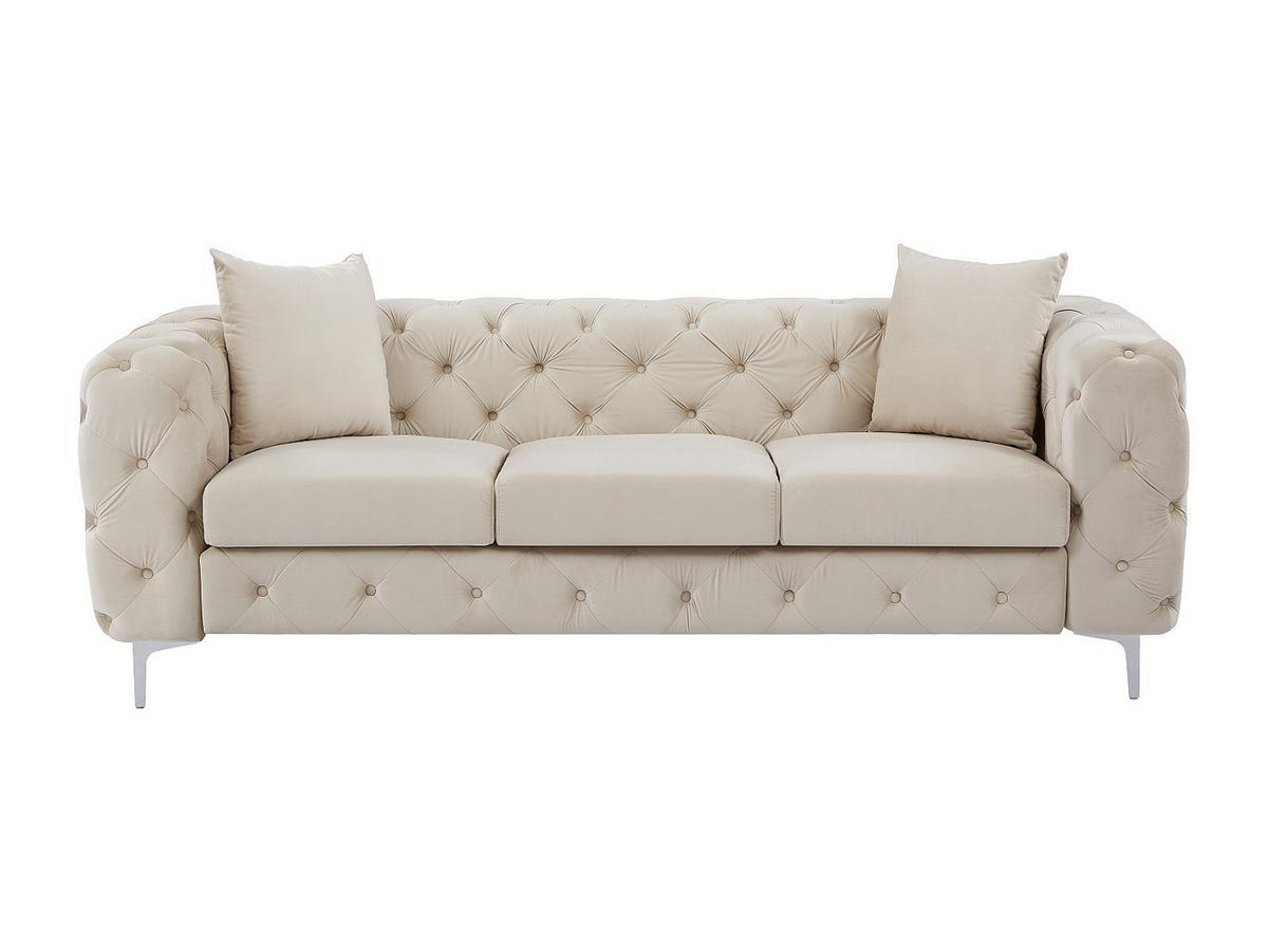 CHESTERFIELD-SOFA 3-Sitzer - Samt - Beige - EDWINA - Beige, Textil (220/76/91cm) - Vente-Unique