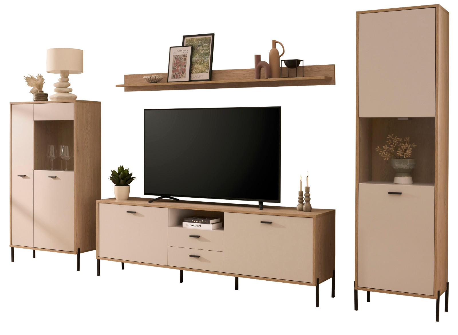 WOHNWAND Kaschmir, Eiche 349 cm, Schrankwand mit Soft-Close - Kaschmir/Eichefarben, Glas/Holzwerkstoff (349/150/35cm) - Furn.Design