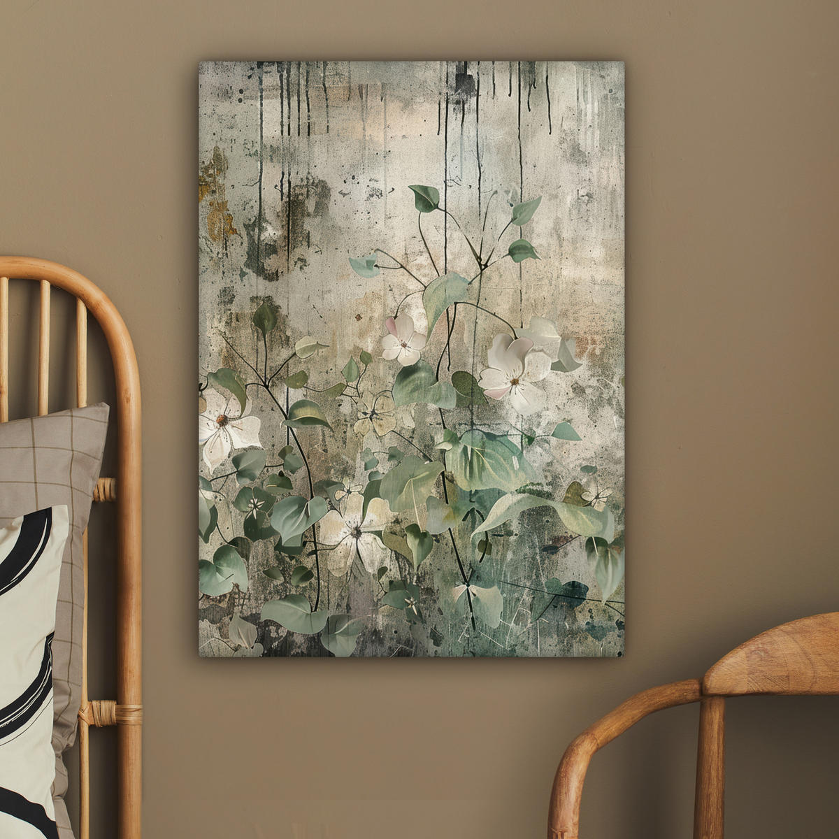 LEINWANDBILD - Blumen - Blätter - Abstrakt - Modern - 60x80 - Gemälde - Grau, Textil (60/80cm) - MuchoWow