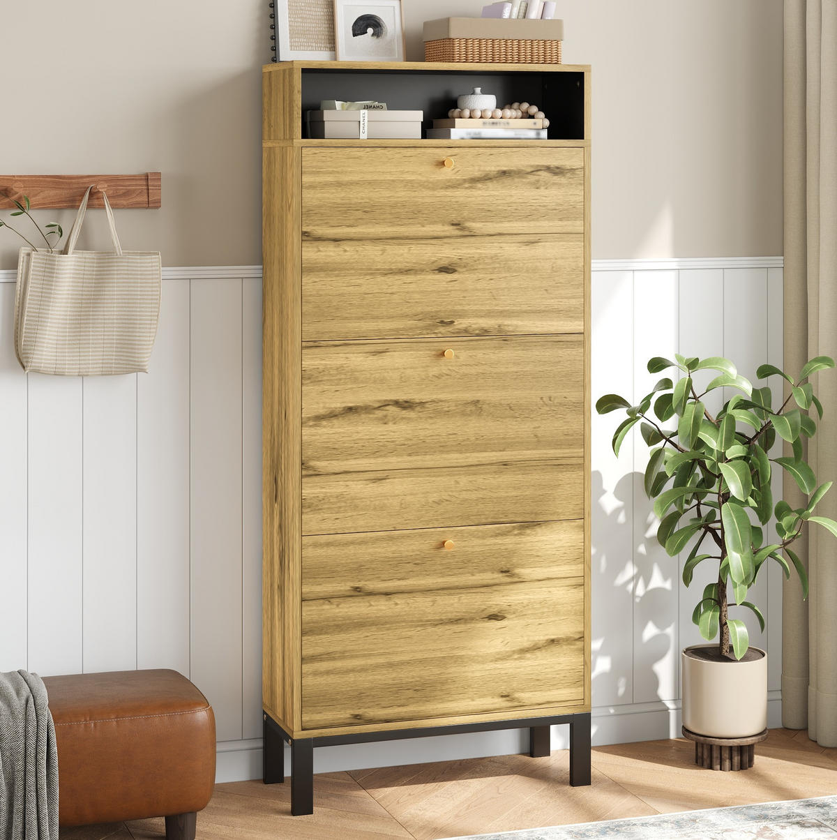 SCHUHSCHRANK 63/24/147 cm aus MDF mit 3 Klappen und offenen Fächern, platzsparend in natürlicher Holzoptik, Natur - Naturfarben, Holzwerkstoff (63/147/24cm) - Redom