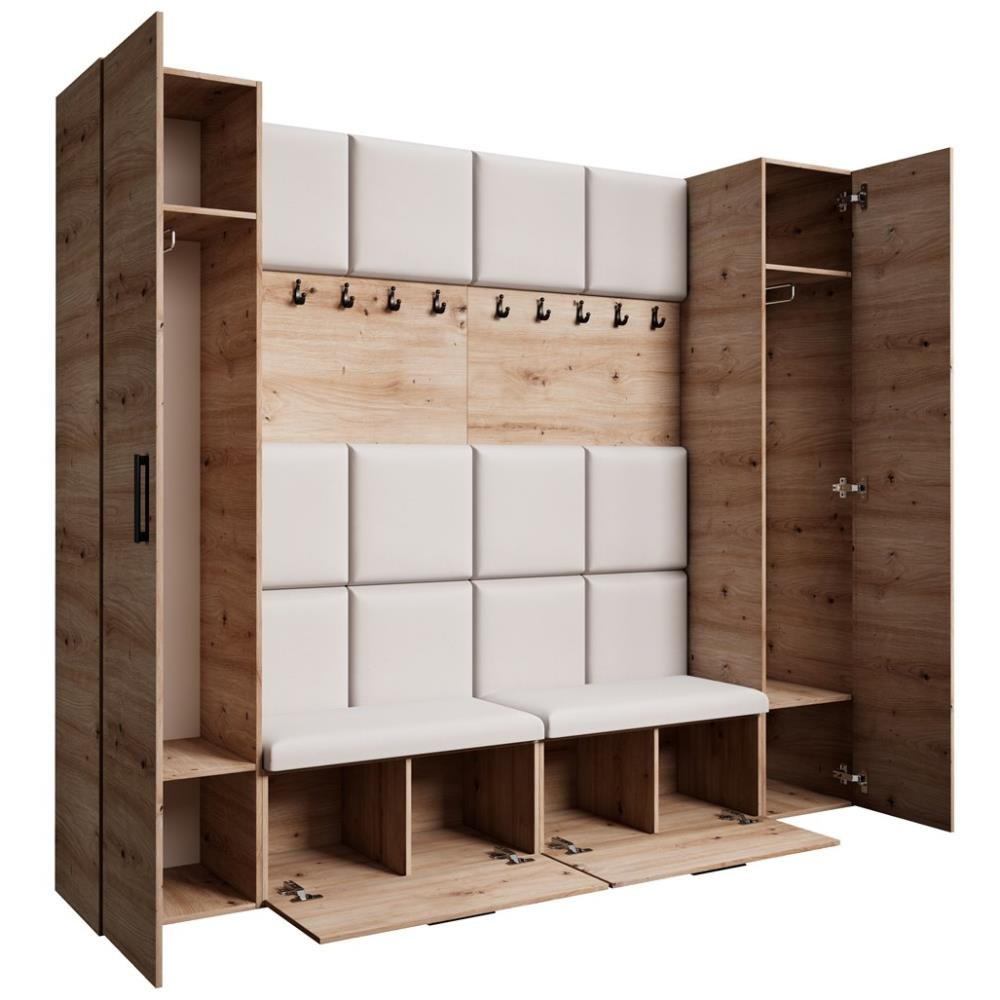GARDEROBE Margaret XL 242/203/43 mit gepolsterten Paneelen und Schuhschrank - Beige/Schwarz, Holzwerkstoff/Kunststoff (242/203/43cm) - Beautysofa