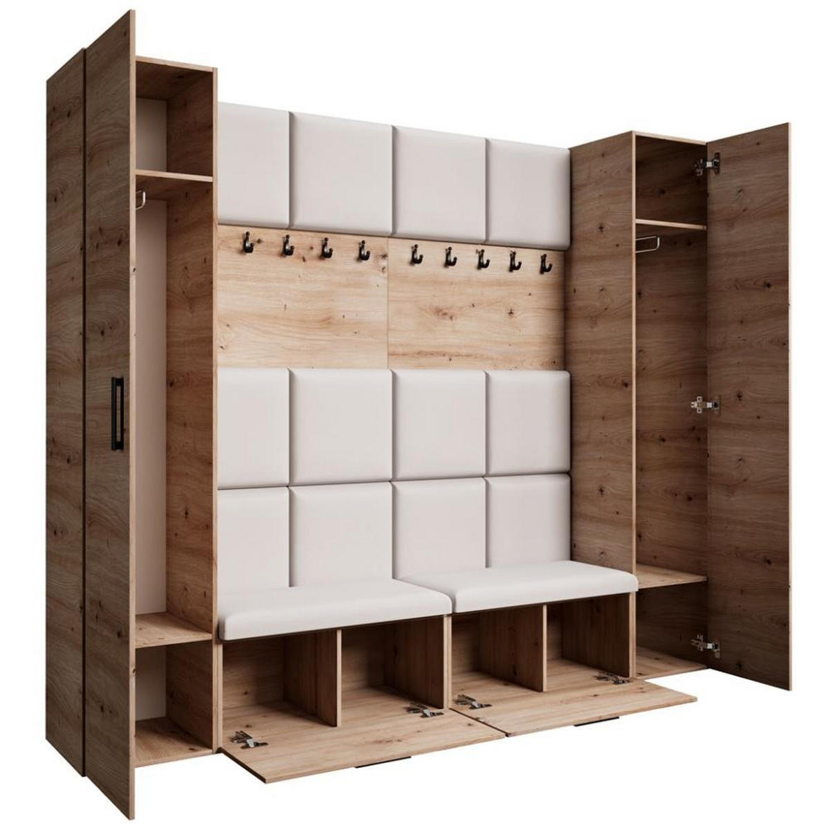GARDEROBE Margaret XL 242/203/43 mit gepolsterten Paneelen und Schuhschrank - Beige/Schwarz, Holzwerkstoff/Kunststoff (242/203/43cm) - Beautysofa