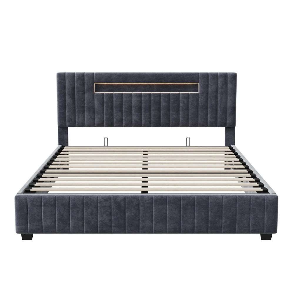POLSTERBETT 160x200 cm mit LED-Kopfteilbeleuchtung und hydraulischem Bettkasten - ohne Matratze - Grau - Grau, Textil (160/200cm) - DELFA