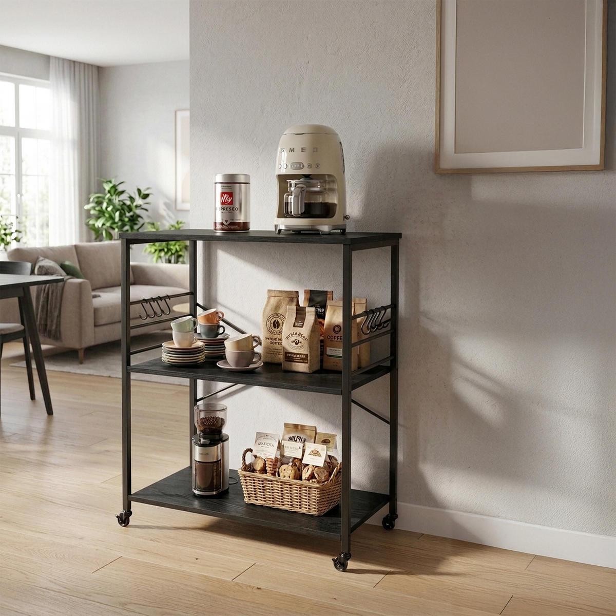 VOZIČEK za postrežbo - črna, kovina/leseni material (80/89/40cm) - Relaxdays