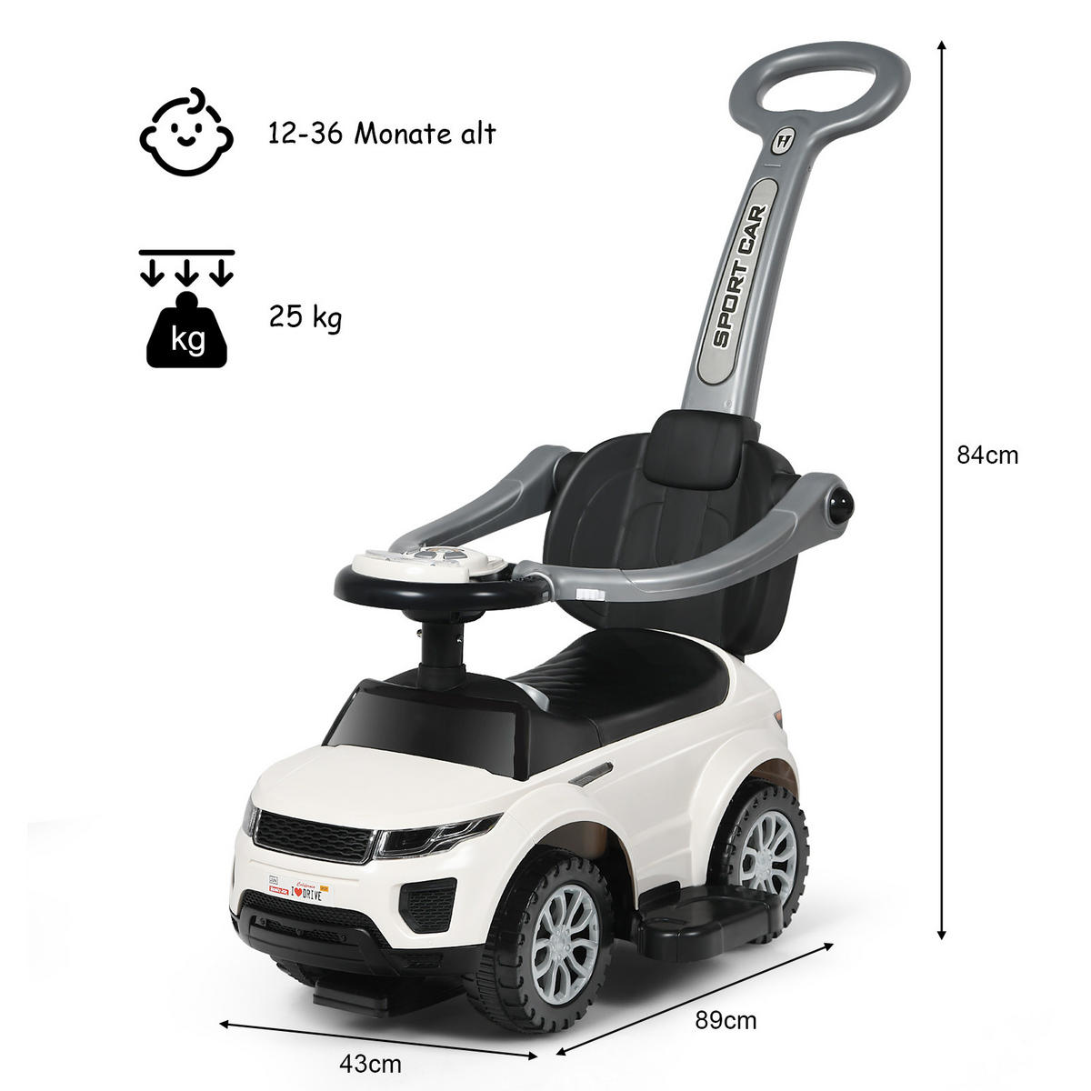 SCHIEBEWAGEN Weiß - Weiß, Kunststoff (43/84/89cm) - COSTWAY