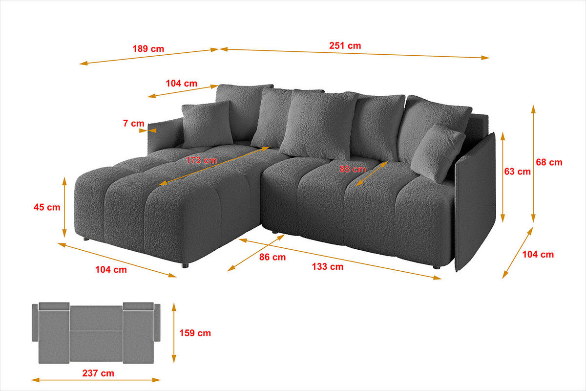 ECKSOFA Ottomane links LONLI-L 251x189x68 Platinfarben Bouclé - Platinfarben, Holzwerkstoff/Kunststoff (251/189cm) - ALTDECOR