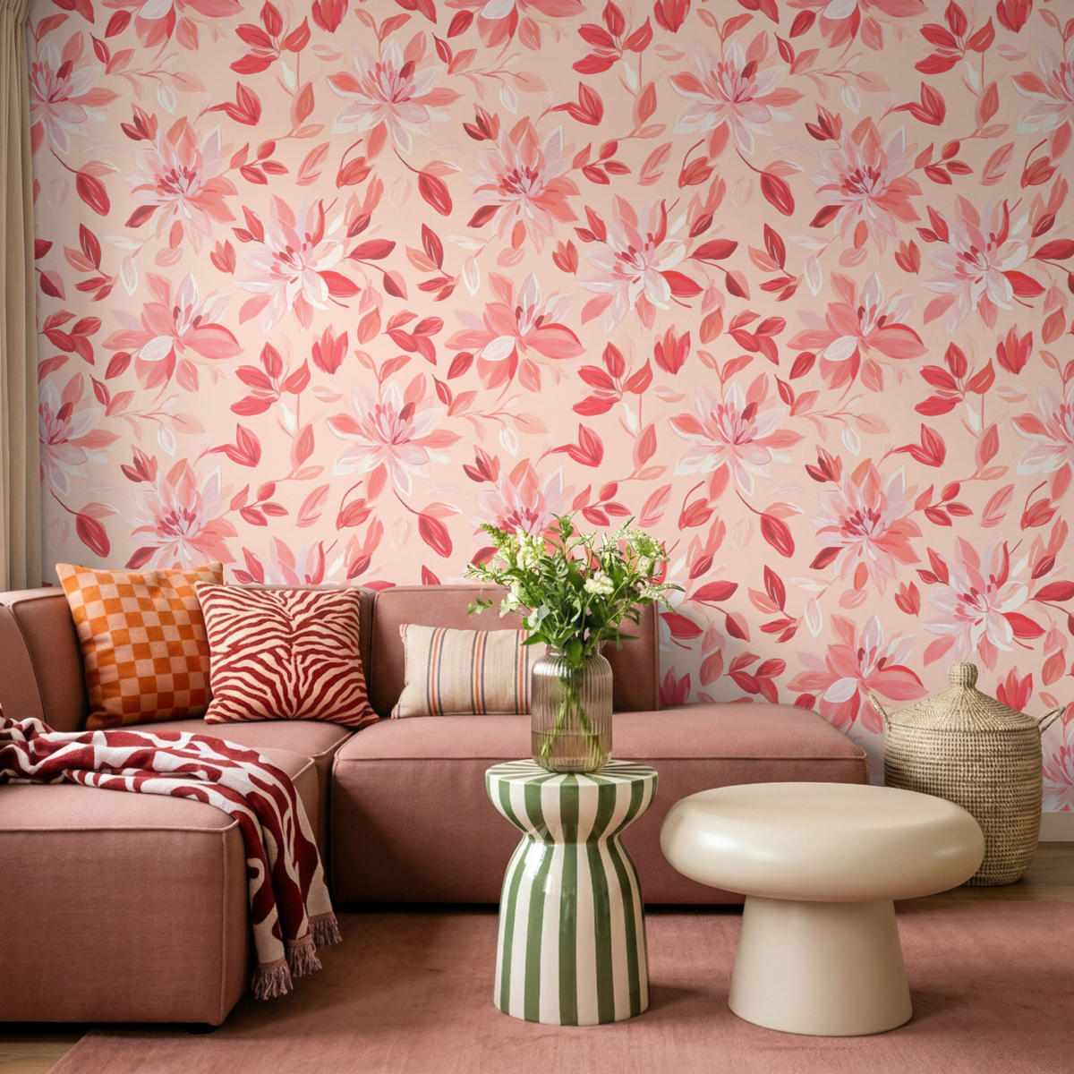 TAPETE - Botanisch - Blumen - Rot - 280x200 cm - Koralle, Papier (280/200cm) - OnlyWow