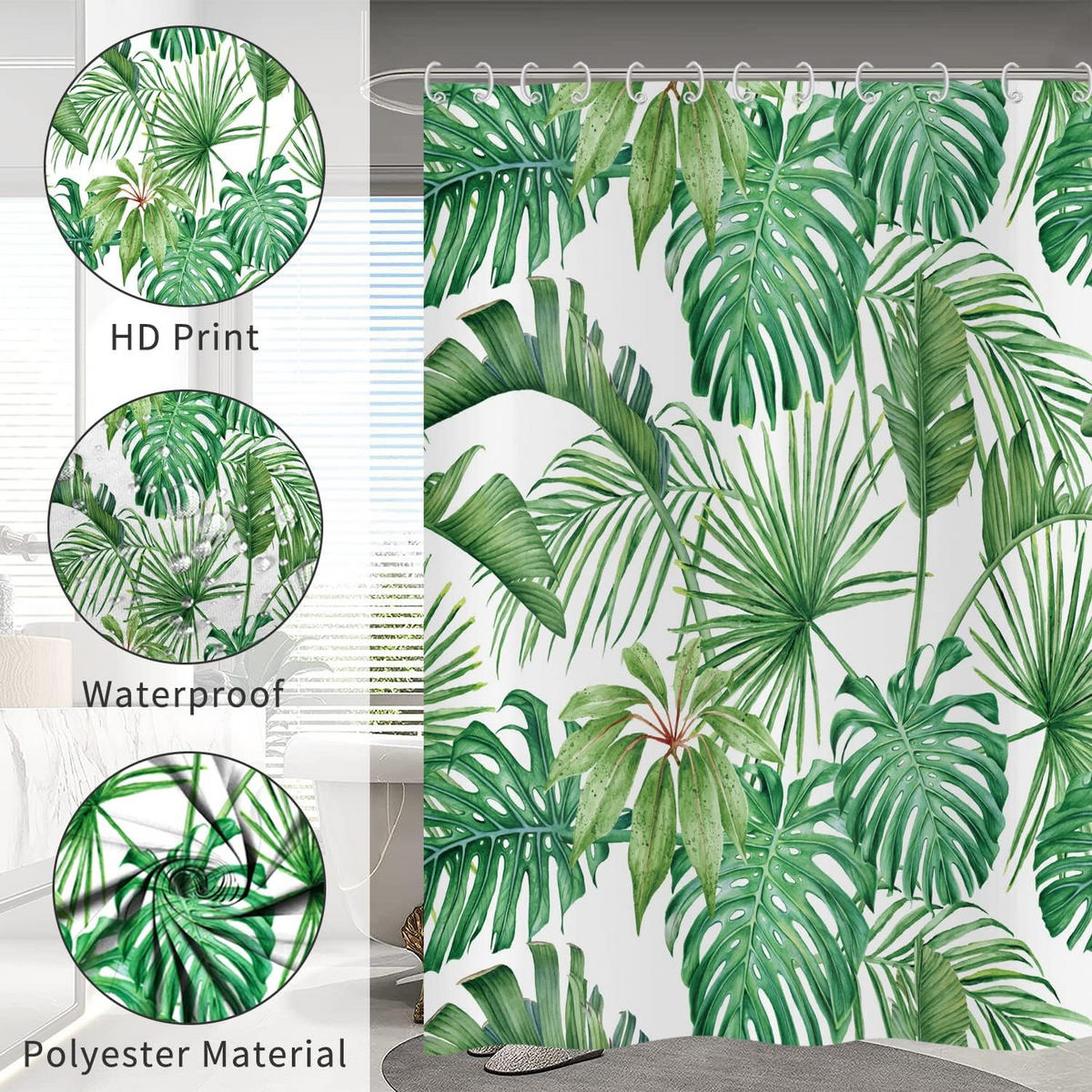 DUSCHVORHANG tropisch Palmen Blätter Grün Dschungel Pflanze botanisch wasserdicht Badewanne - Grün, Textil (180/180cm) - MCBOSON