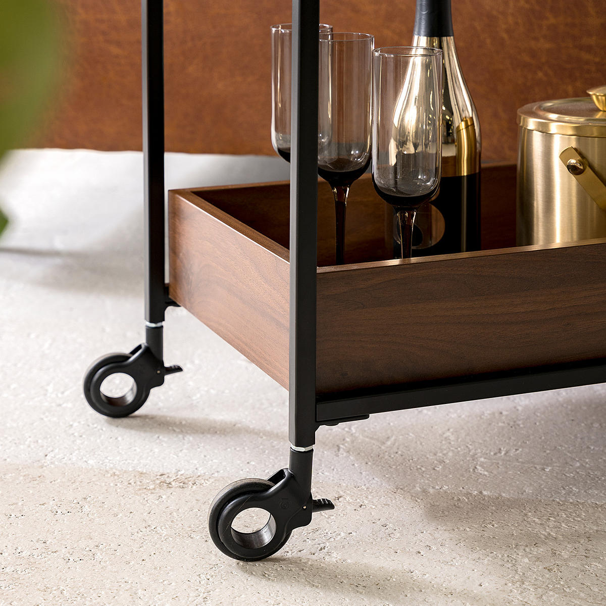 SERVIERWAGEN - Glas / Metall - Walnuss Dekor / Schwarz - Walnussfarben/Schwarz, Glas/Holzwerkstoff (35/58/70cm) - home24