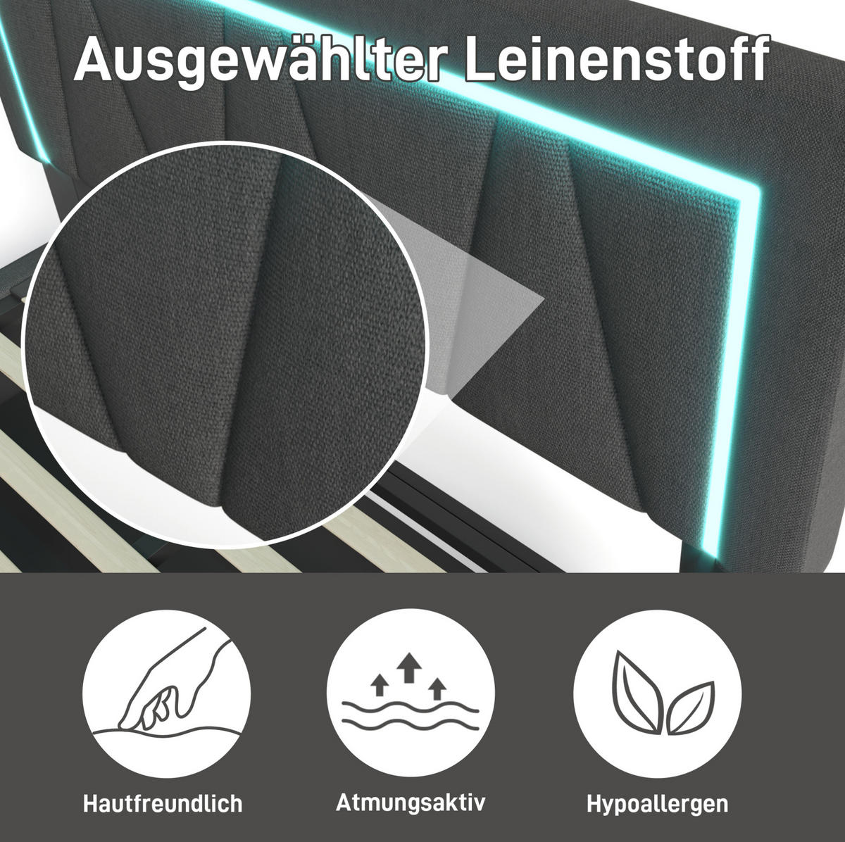 OBLAZINJENA lanena postelja 140/200 cm z LED osvetlitvijo, USB in USB-C priključkom ter shrambo, Siva - siva, tekstil (140/200cm) - Redom