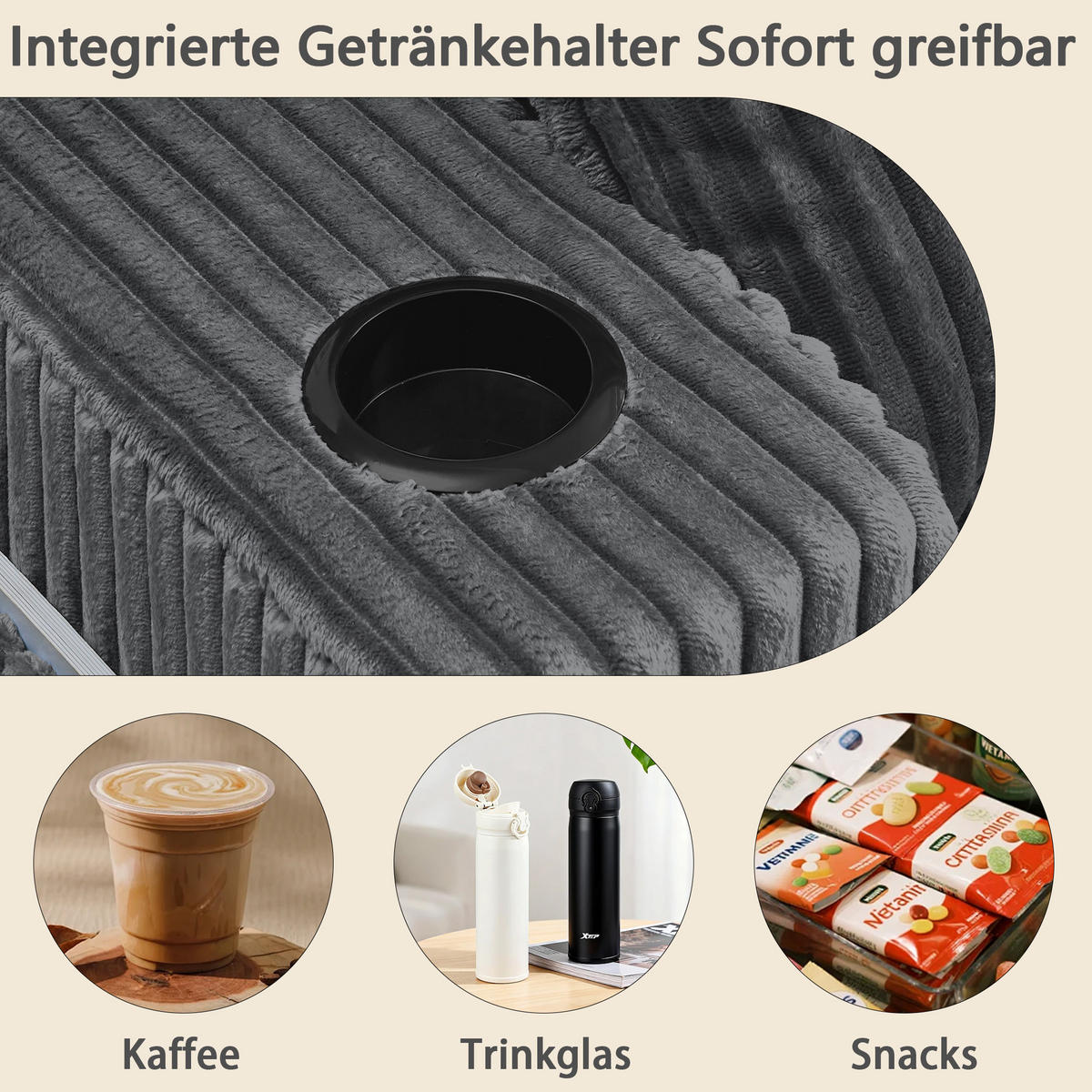 SCHLAFSOFA 186/154/78 cm Grau Cord mit seitlicher Magazintasche und Getränkehalter - Grau, Textil (186/78/154cm) - Oxeza