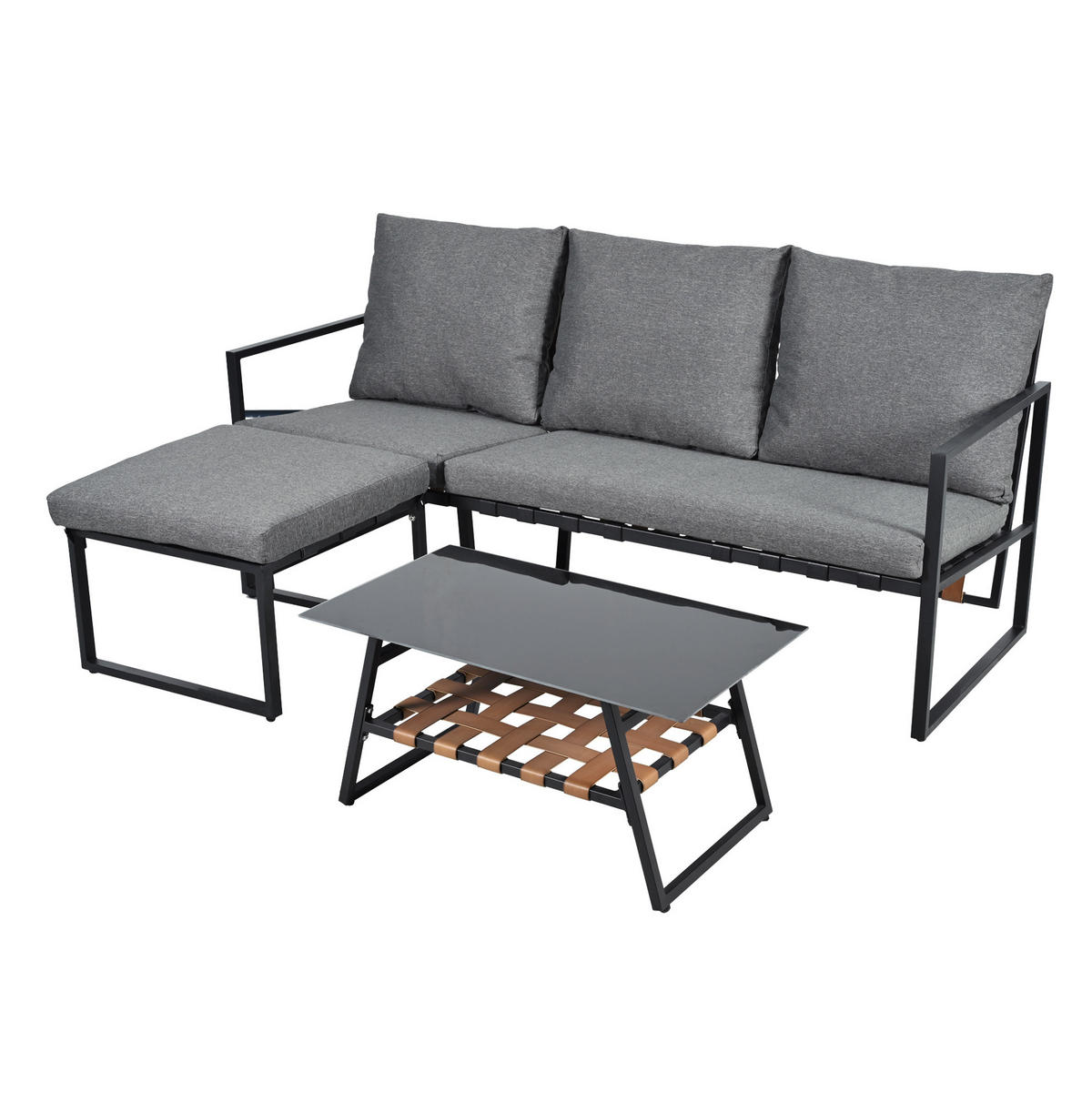 LOUNGE-SET mit Couchtisch und Fußhocker, flexible Kombination und Glasplatte, Grau - Grau, Textil - Redom