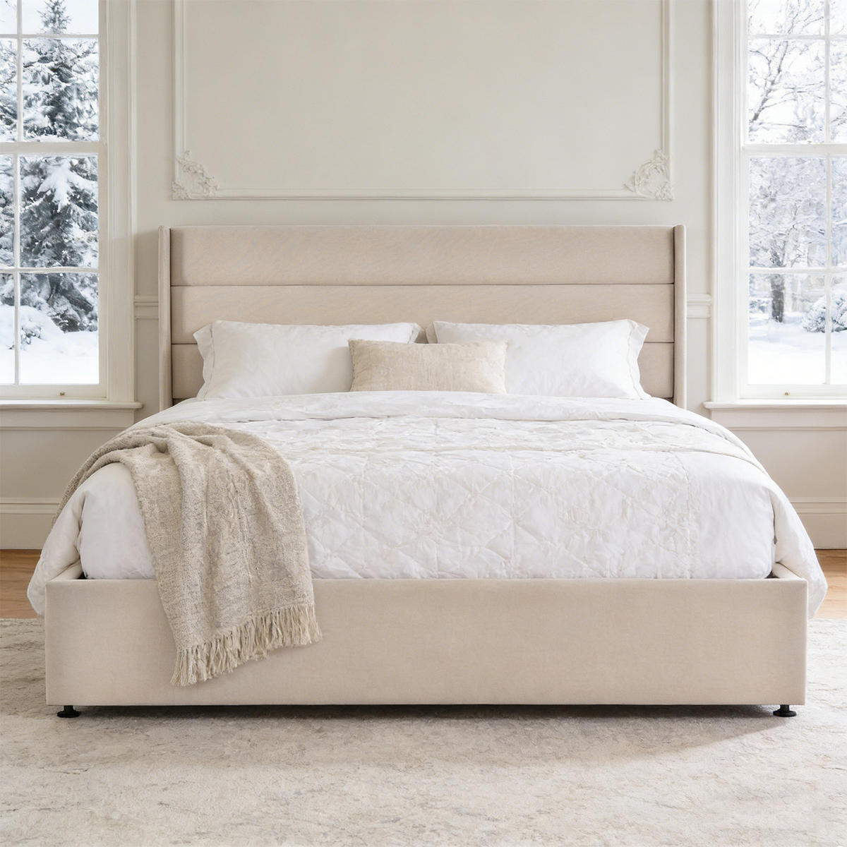 BETT 160x200 cm mit Hydraulischer Bettkasten, Doppelbett 160x200 cm, Skandinavischer Stil, Polsterbett, Leinen Beige - Beige, Textil/Metall (160/200cm) - GENKI LIVING