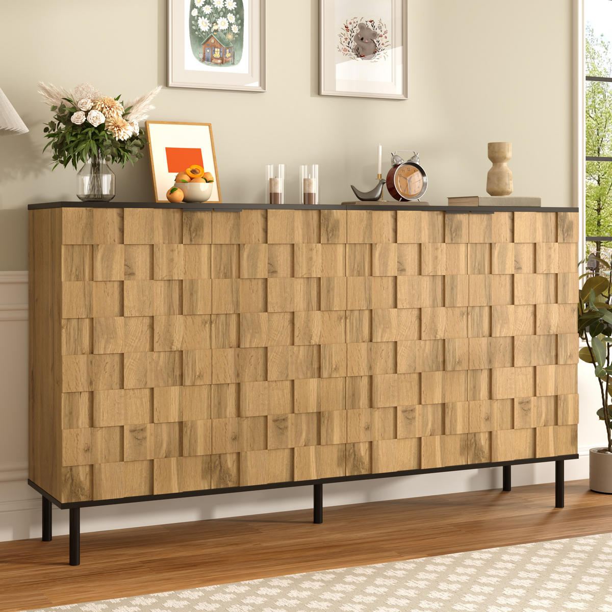 SIDEBOARD Moderner Aufbewahrungsschrank mit Mosaik-Türdesign, Metallfüßen, Stauraum, Holzoptik, Spanplatte - Naturfarben, Holzwerkstoff/Metall (80/91.5/35cm) - EVRYAE
