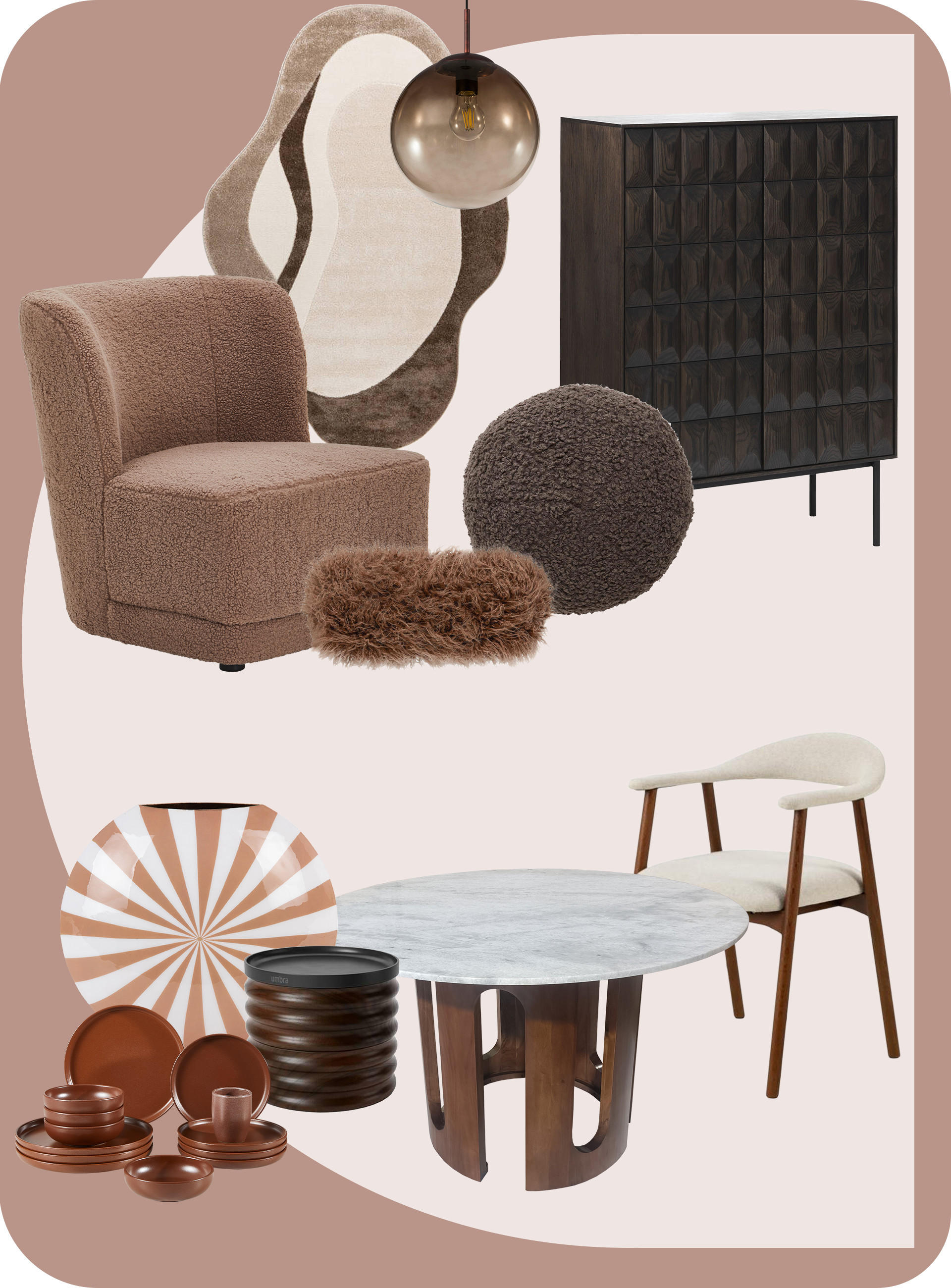 Collage aus Möbeln und Wohnaccessoires: Brauner Sessel, Marmortisch, dunkler Schrank und Deko in warmen Brauntönen mit natürlichen Materialien.