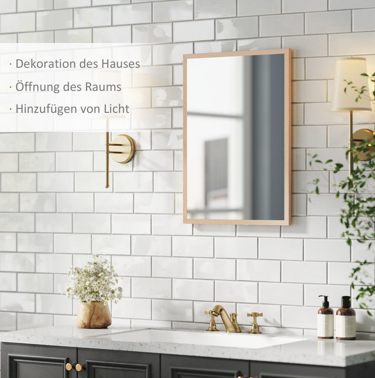WANDSPIEGEL 50/2/70 cm Naturholz aus MDF mit 4 Haken - Naturfarben, Holzwerkstoff (2/70/50cm) - OKWISH