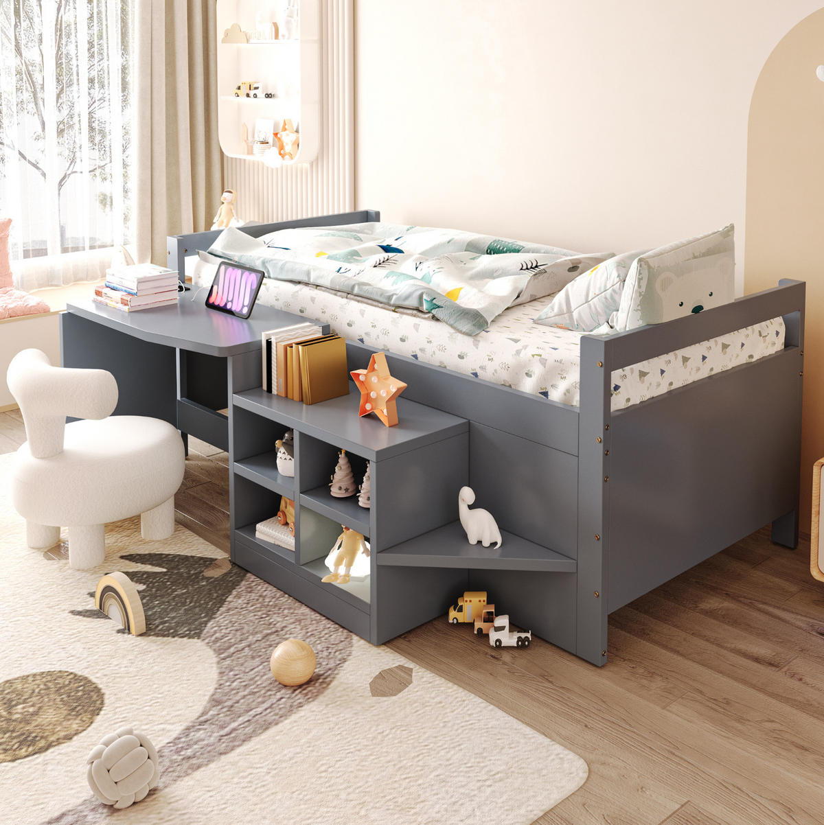 MULTIFUNKTIONSBETT 90/200 cm Grau mit Schreibtisch, Stauraum und Steckdose - Grau, Holz (90/200cm) - MIVRAY