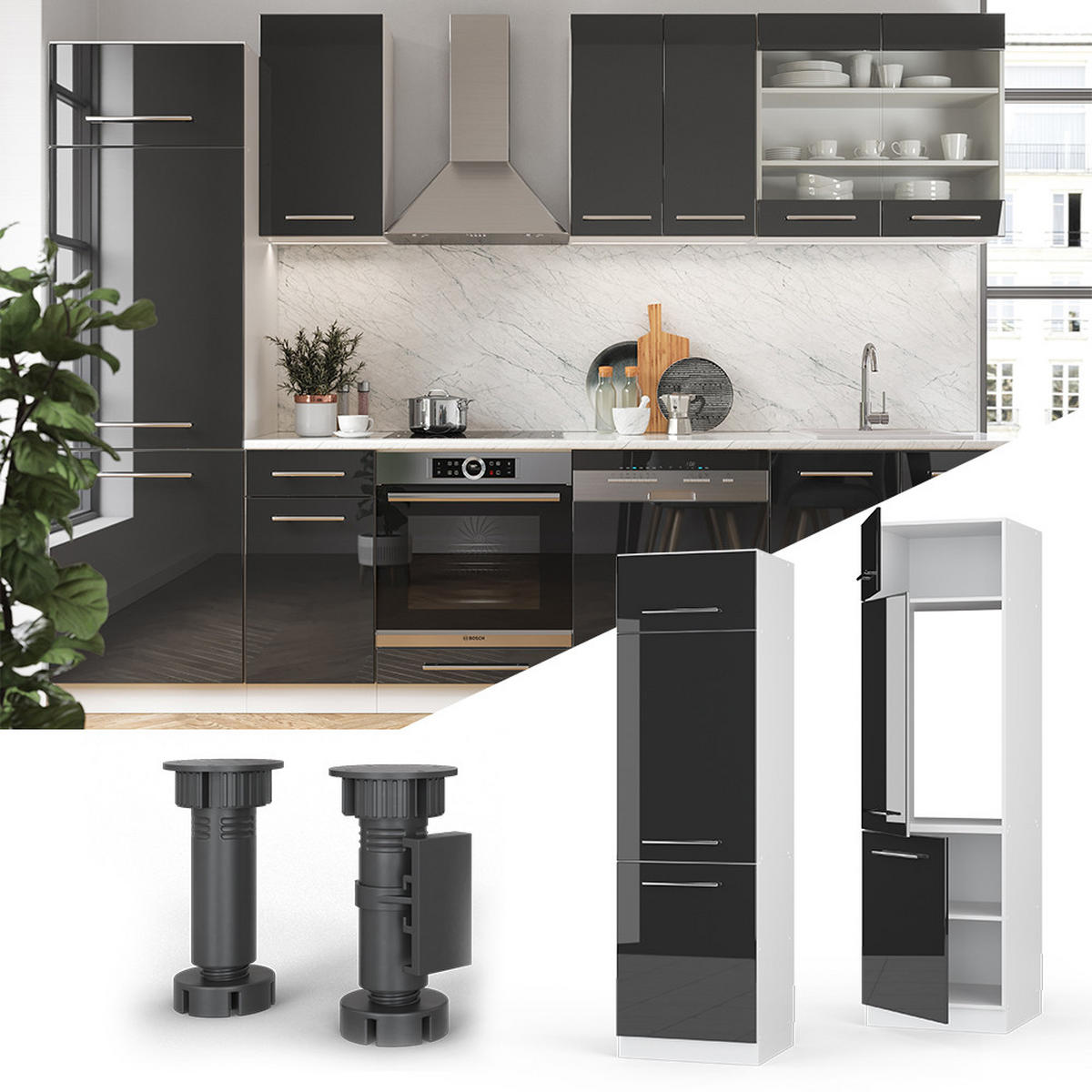 KÜCHENSCHRANK Fame-Line Anthrazit Hochglanz 60 cm - Schwarz Hochglanz/Anthrazit, Holzwerkstoff (60/206.8/58.1cm) - Vicco
