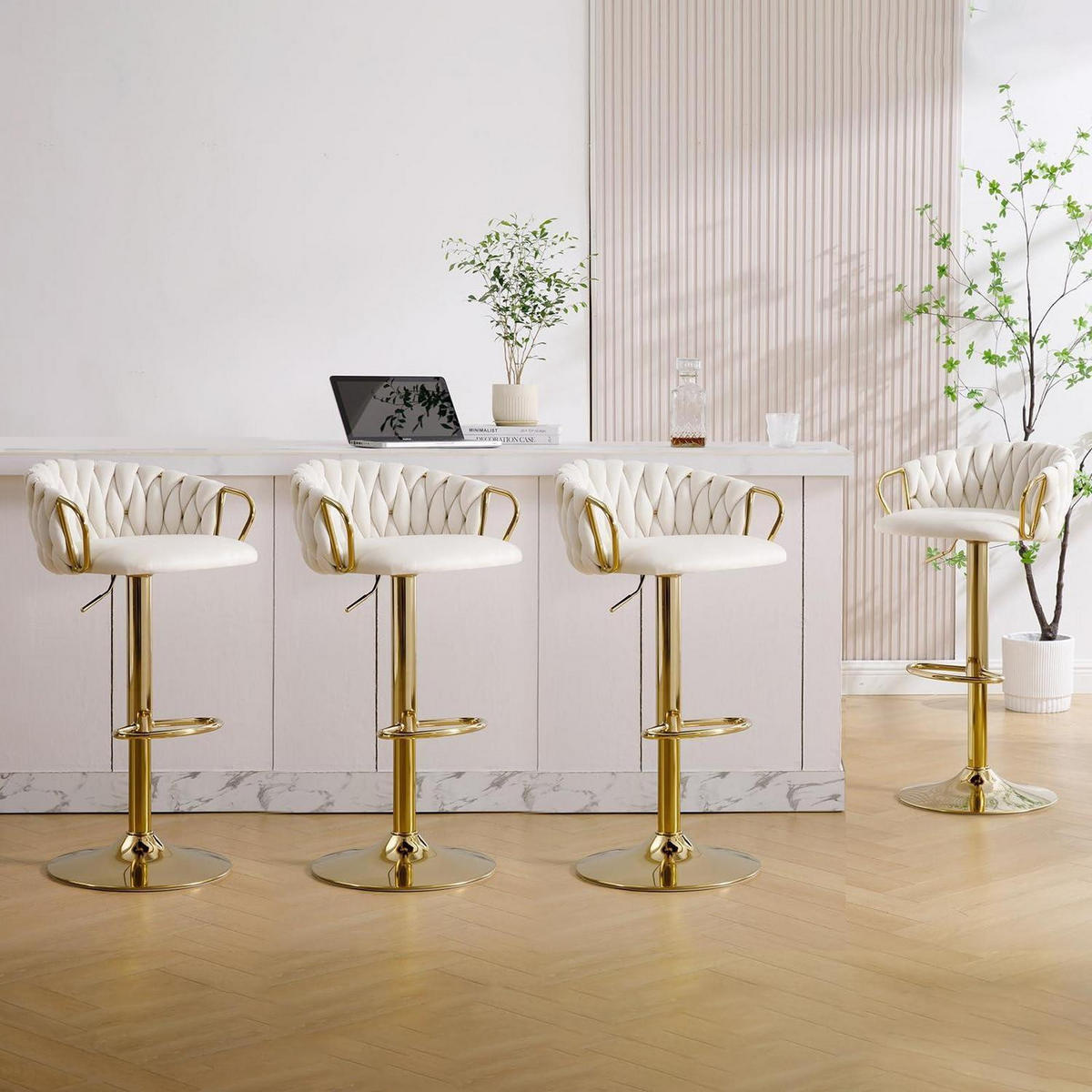 BARHOCKER 4er Set höhenverstellbar drehbar mit geflochtener Rückenlehne Weiß Cream - Weiß, Textil (42/100/39cm)