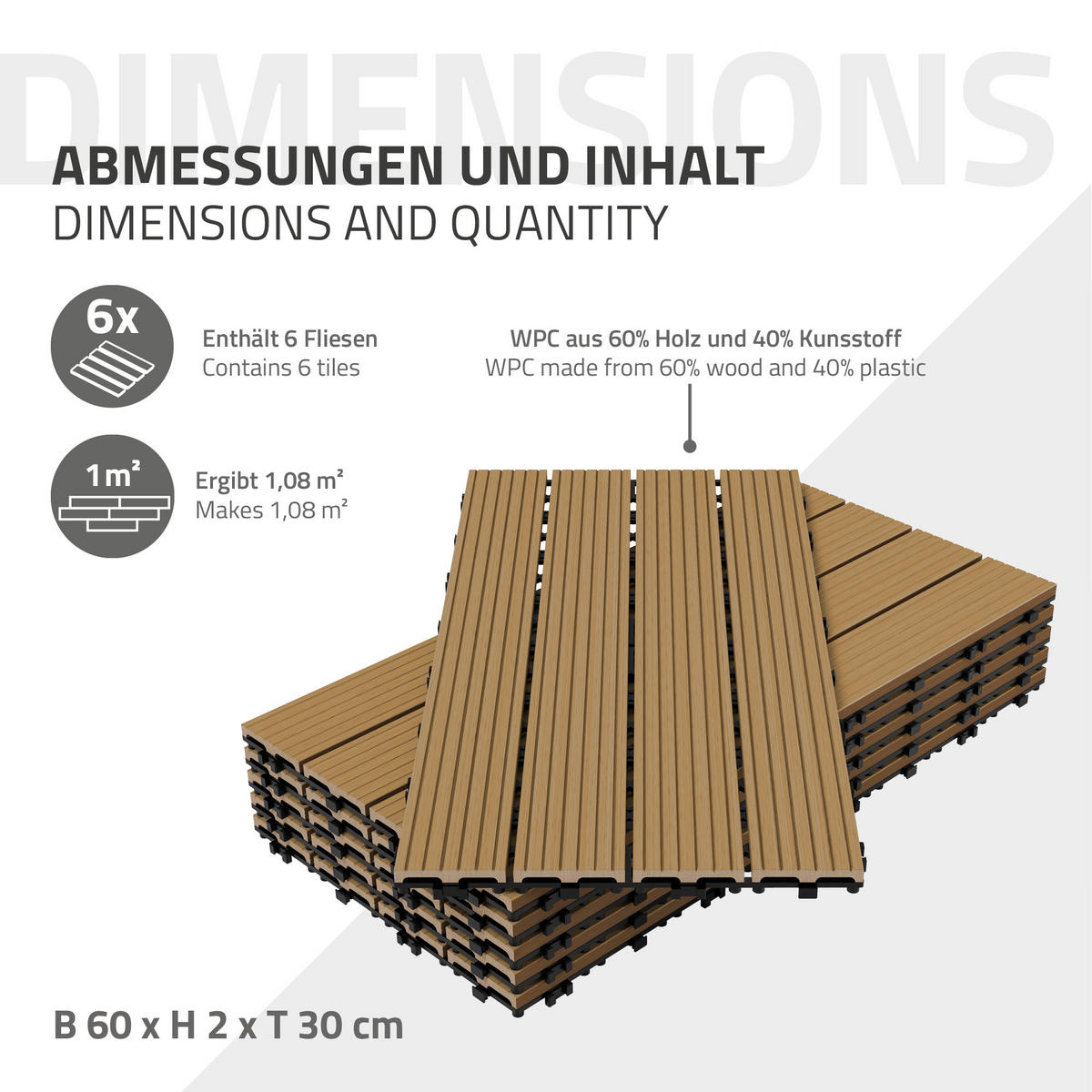 TERASOVÁ DLAŽBA Teak 12 kusů - teaková, kompozitní dřevo (60/30/2cm) - ECD-Germany
