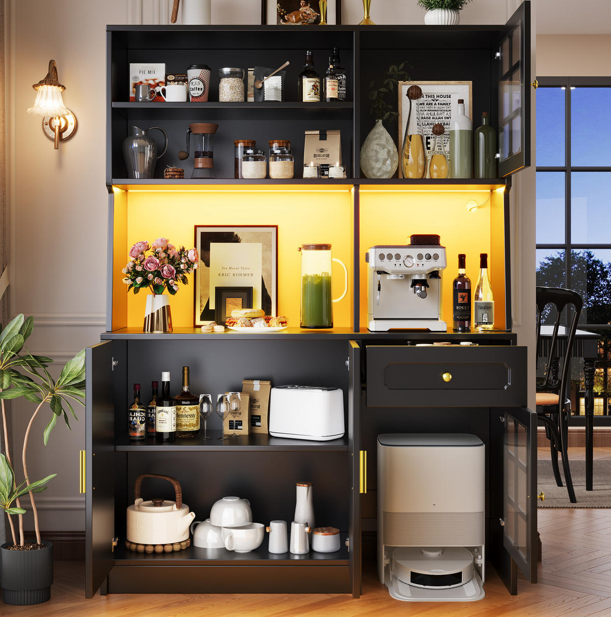 BUFFETSCHRANK 130/45/180 cm mit LED-Beleuchtung, Glastüren und viel Stauraum, MDF, Schwarz - Schwarz, Holzwerkstoff (130/180/45cm) - Redom