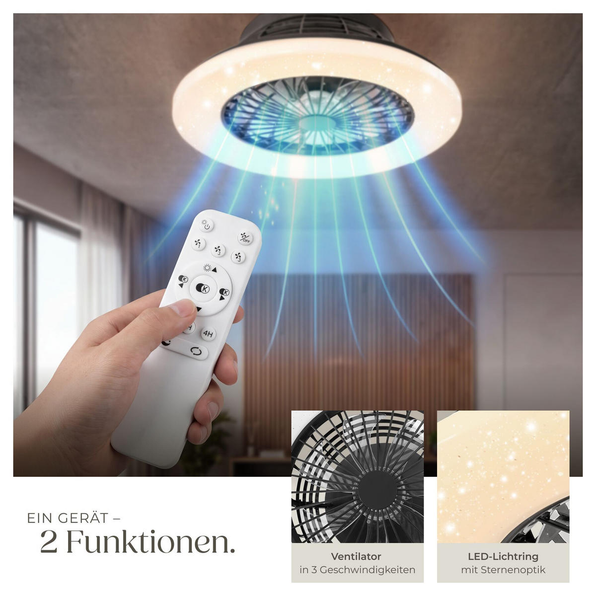 LED DECKENLEUCHTE MIT VENTILATOR Storm, Ø 50 cm, mit Fernbedienung, schwarz - Schwarz, Metall (50/50/17.5cm) - tectake