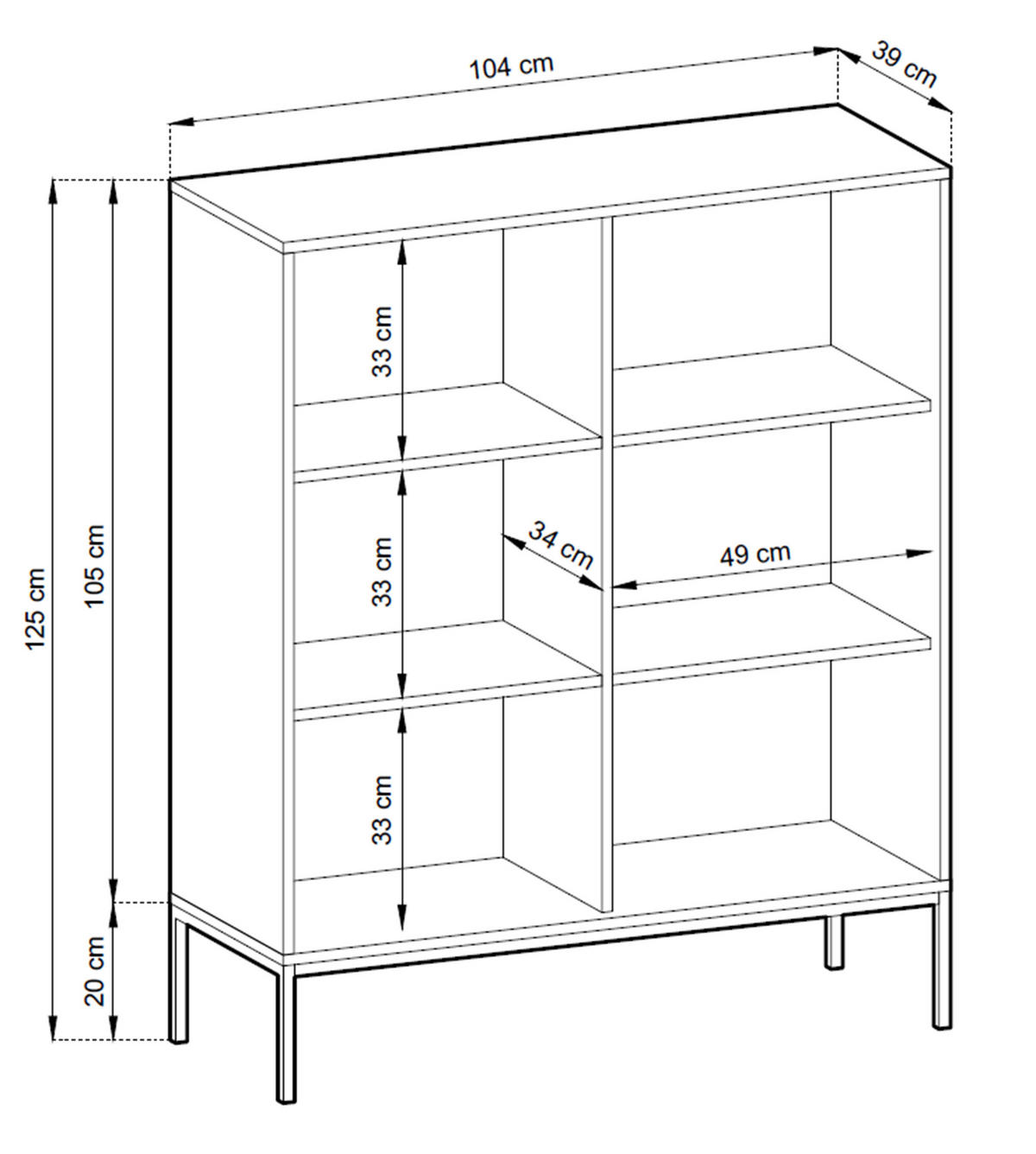 SIDEBOARD Eternas 2T Schwarz 104/125/39 cm – schwarze Füße, mit geriffelten Fronten - Schwarz, Holzwerkstoff (104/125/39cm) - AX Living