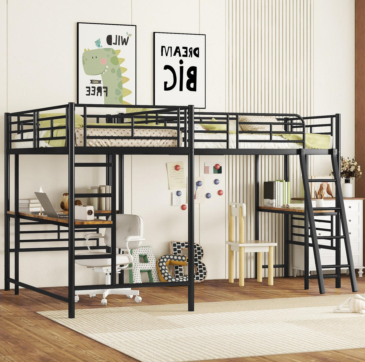 VISOKA postelja 90/200 cm črna z mizo in dvojnimi stopnicami iz kovine in MDF - črna, kovina (90/200cm) - OKWISH