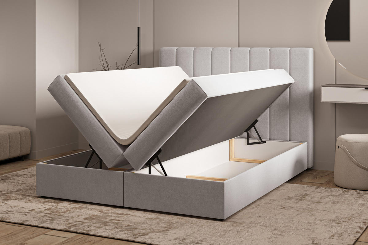 BOXBETT 01 140 x 200 cm - Manila – Stilvoll und bequem Mit Bettkasten, PU-Topper, Federmechanismus, waschbarer Bezug - Silberfarben, Holz (140/200cm) - ROYAL24_MARKT