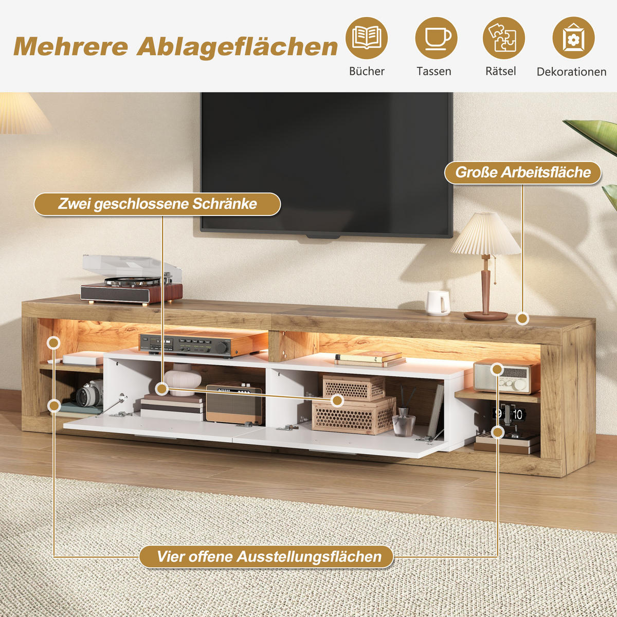 TV-SCHRANK 180cm LED 2 Schubladen 4 Fächer Lowboard Natur Weiß - Naturfarben, Holzwerkstoff (180/50/35.5cm) - FLIEKS