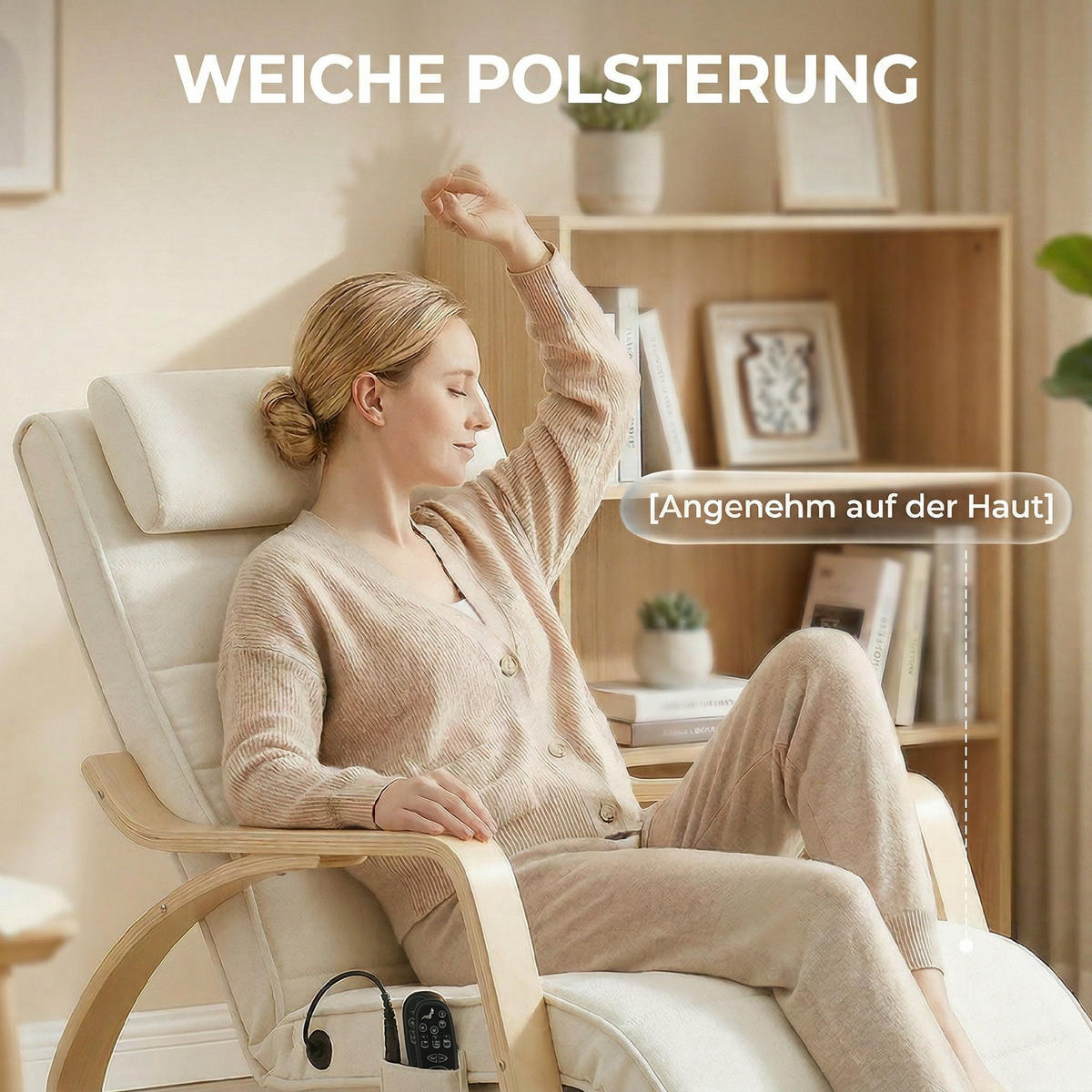 SCHAUKELSTUHL DE-07601 mit Massage, Heizung und verstellbarer Kopf- & Fußstütze Cremeweiß - Creme, Textil (67/92/106cm) - ComfortXL