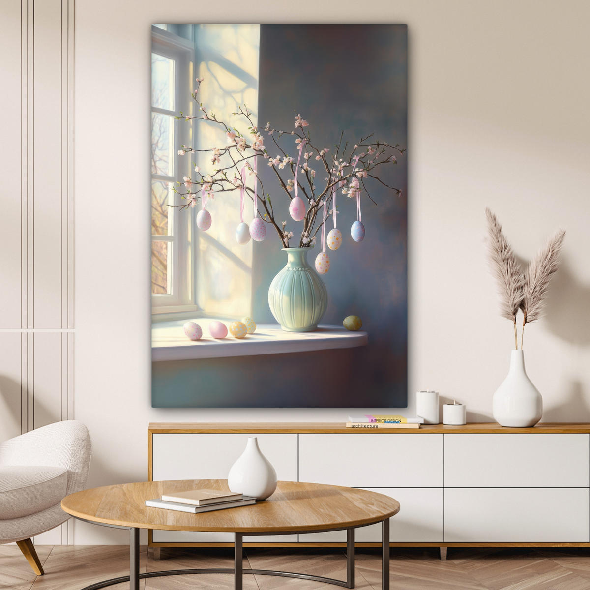 LEINWANDBILD Stillleben - Vase - Osterzweig Deko Groß 90x140 cm - Hellblau, Textil (90/140cm) - MuchoWow