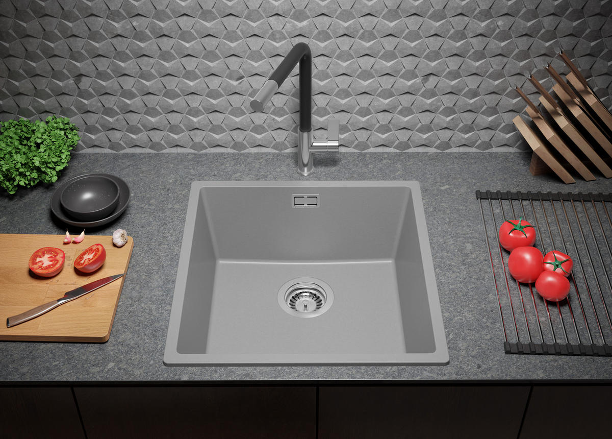 GRANITSPÜLE London Slim, 2-er set Grau 46/47 cm 1 Becken + Küchenarmatur 38/14 cm + Ablauf-Set ab 50er Unterschrank - Grau, Kunststoff (46/20/47cm) - Primagran