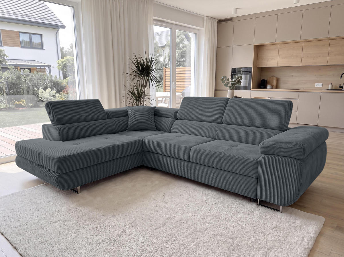 ECKSOFA L Form Konak Dunkelgrau 276/201/90 cm Links mit Schlaffunktion - Dunkelgrau/Silberfarben, Textil/Metall (203/276cm) - AX Living