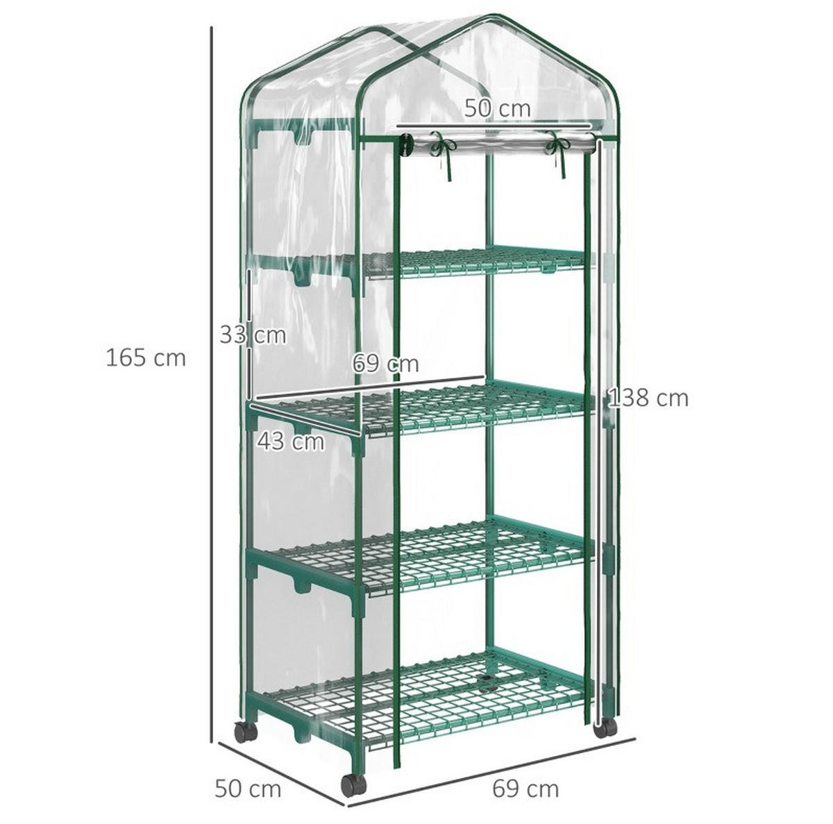 GEWÄCHSHAUS aus Stahl 69x50x165 cm in Transparent mit 4 Regalböden - Transparent, Metall (50/165/69cm) - Modfu