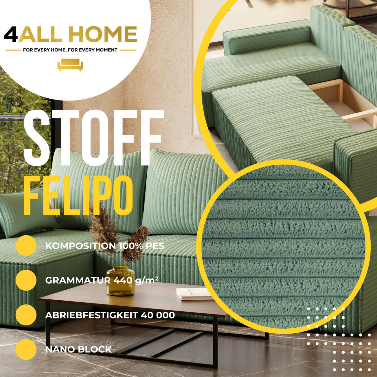 ECKSOFA Tobi mit Bettkasten und Schlaffunktion, L-Form/XL-Form, Cordstoff, Universal - Mintgrün, Holzwerkstoff (246/145cm) - 4ALL HOME