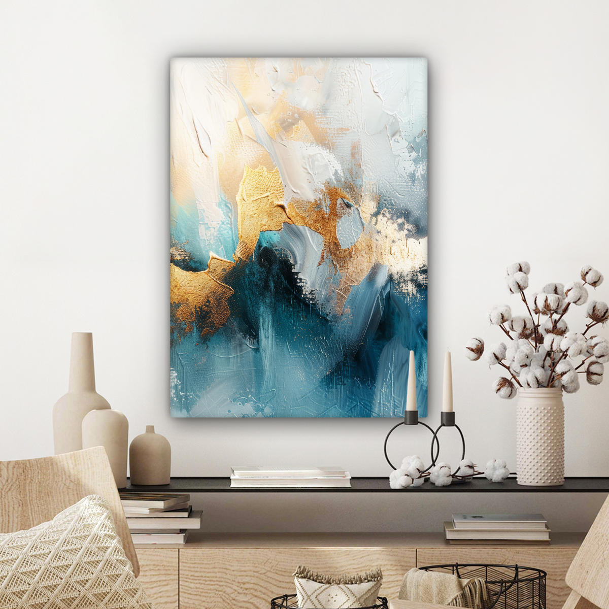 LEINWANDBILD Abstrakt - Kunst - Gold - Blau Wandbild Wohnzimmer 60x80 cm - Petrol, Textil (60/80cm) - MuchoWow