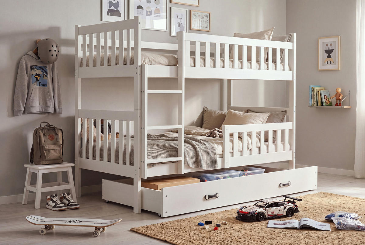 ETAGENBETT 90x200 in Weiß mit Lattenrost – Kinderbett mit Schublade & Rausfallschutz JAKOB - Weiß, Holz (90/200cm) - Interbeds