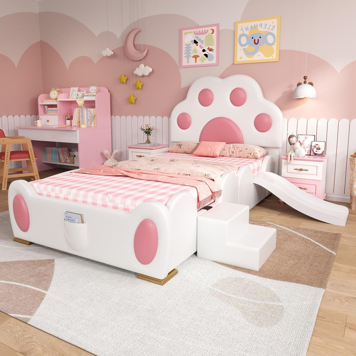 KINDERBETT 90/200 cm weiß und rosa aus PU mit Rutsche und Leiter - Weiß, Kunststoff (90/200cm) - OKWISH